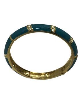 Gold Tone Teal Enamel Rhinestone Accents Vintage Spring Hinged Bangle Bracelet
